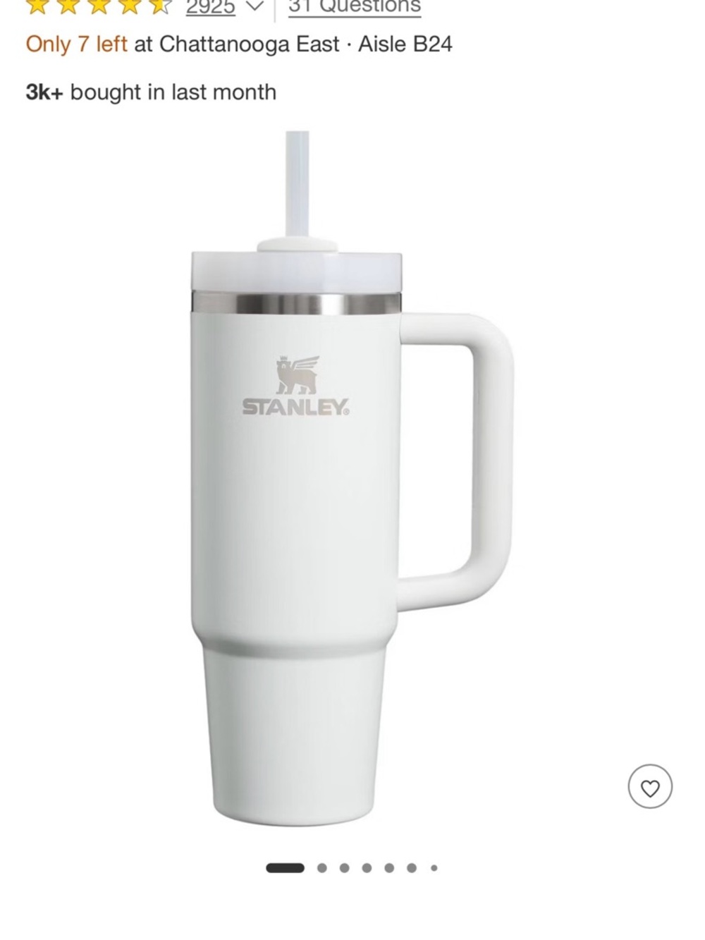 Stanley White Travel Tumbler with Handle and Straw 30oz